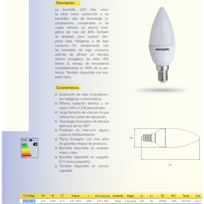 Bombilla LED Energetic 57324811, 6W, E14, 2700K